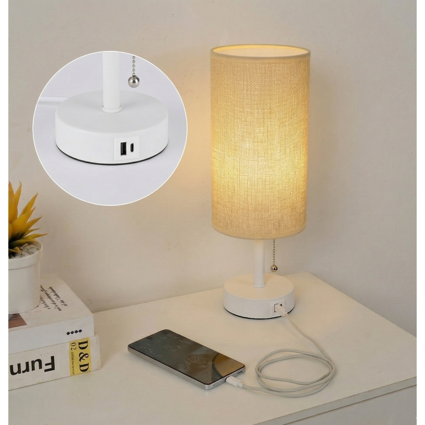 Brilagi - Lampă de birou TABLON cu port USB, 1xE27/25W/230V, alb/bej