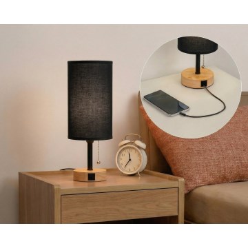 Brilagi - Lampă de birou TABLON cu port USB 1xE27/25W/230V stejar/negru