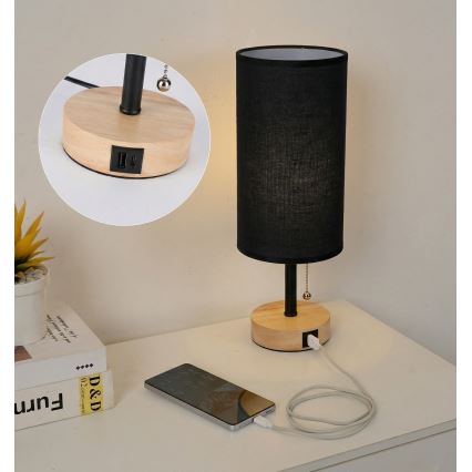 Brilagi - Lampă de birou TABLON cu port USB 1xE27/25W/230V stejar/negru