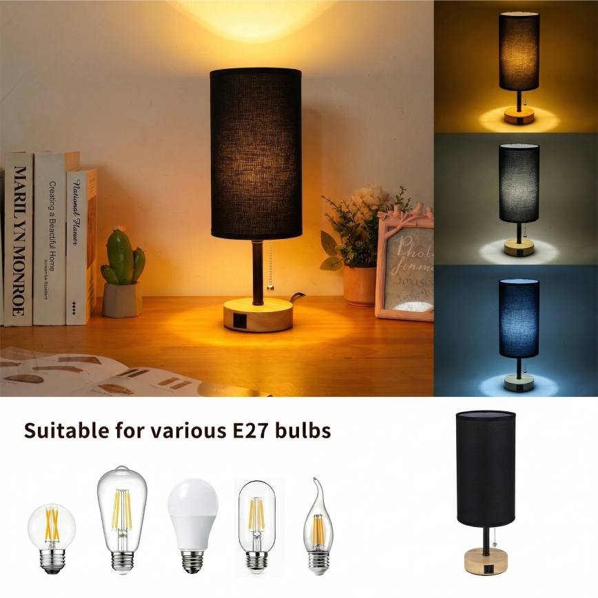 Brilagi - Lampă de birou TABLON cu port USB 1xE27/25W/230V stejar/negru