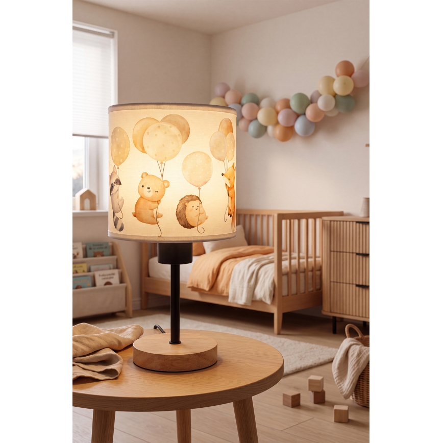 Brilagi - Lampă de masă pentru copii BOBO WOOD 1xE27/25W/230V stejar/negru/alb/cu animăluțe