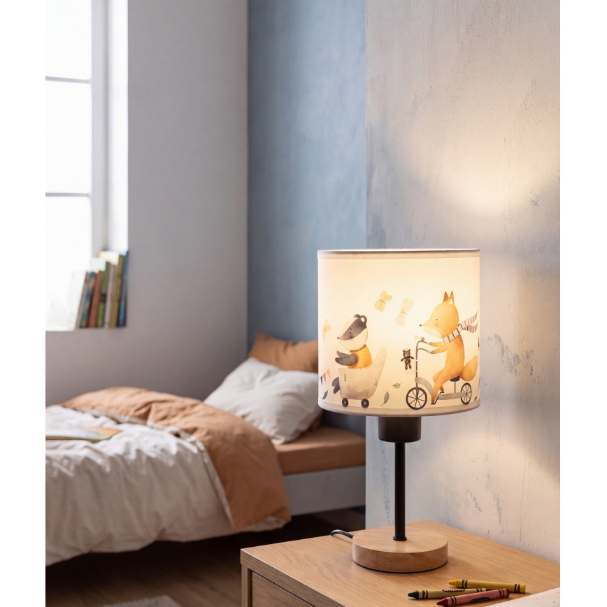 Brilagi - Lampă de masă pentru copii BOBO WOOD 1xE27/25W/230V stejar/negru/alb/cu animale