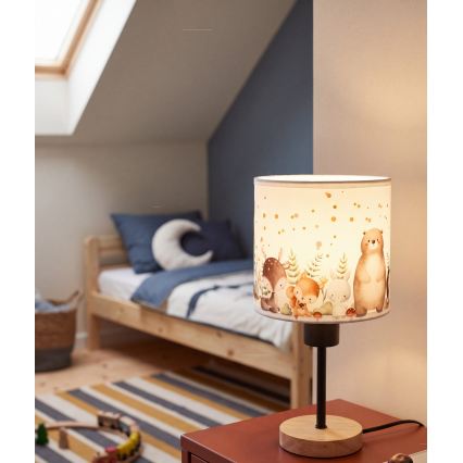 Brilagi - Lampă de masă pentru copii BOBO WOOD 1xE27/25W/230V stejar/negru/alb/cu animăluțe