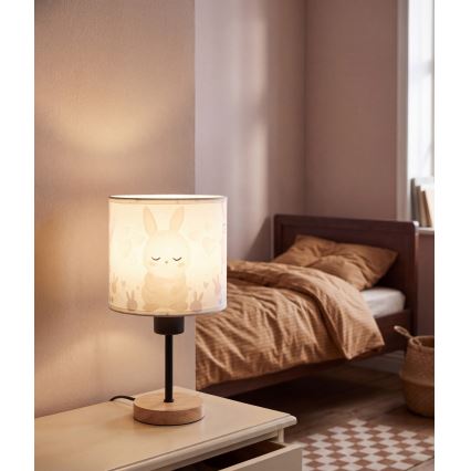 Brilagi - Lampă de masă pentru copii BOBO WOOD 1xE27/25W/230V stejar/negru/alb/iepurași