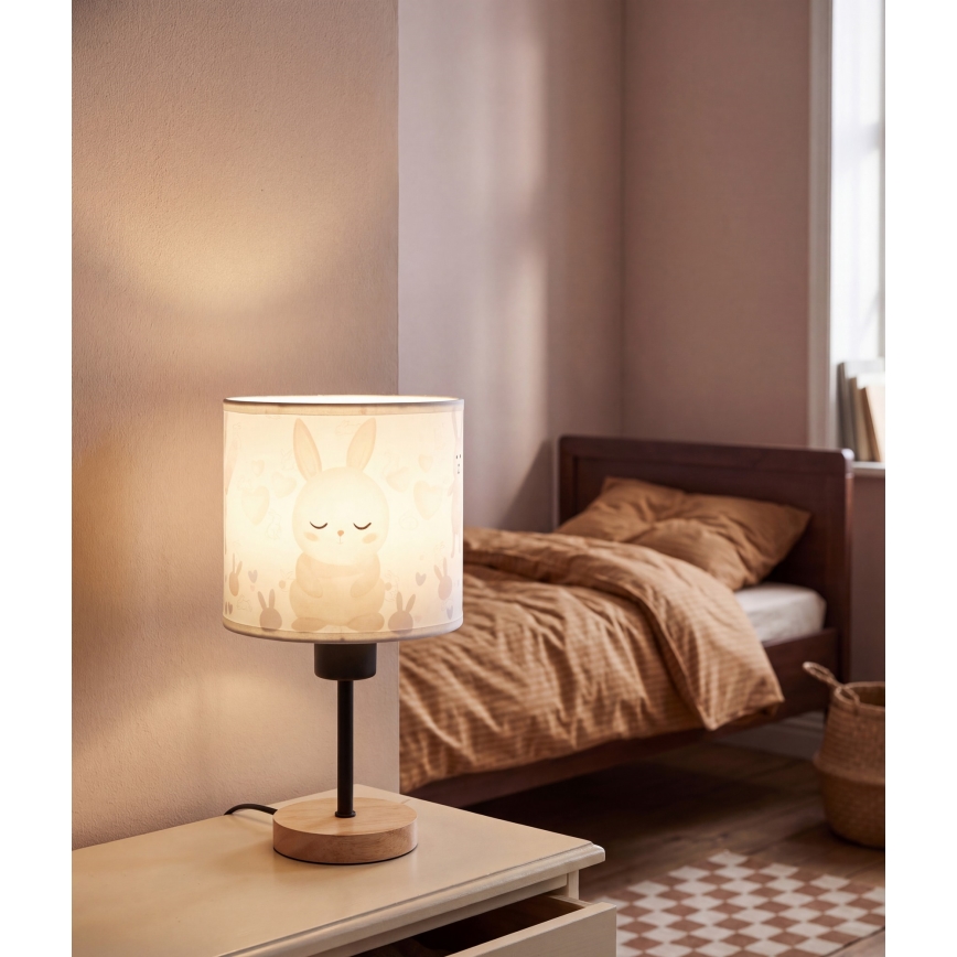 Brilagi - Lampă de masă pentru copii BOBO WOOD 1xE27/25W/230V stejar/negru/alb/iepurași