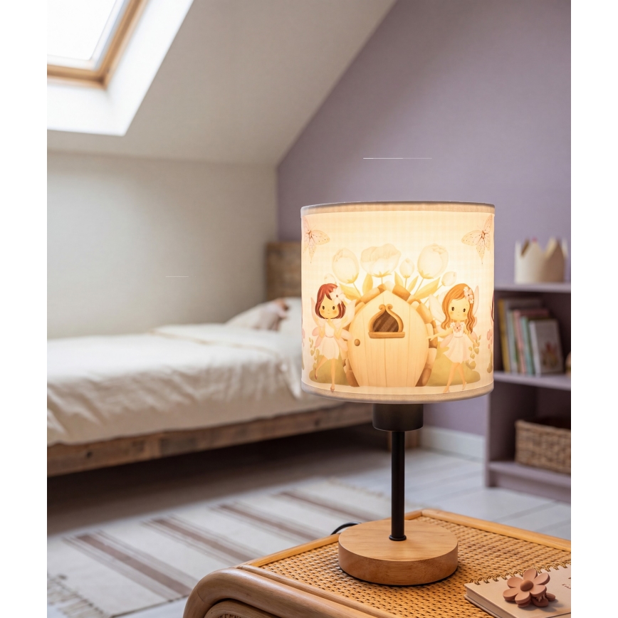 Brilagi - Lampă de masă pentru copii BOBO WOOD 1xE27/25W/230V stejar/negru/alb/roz/zâne
