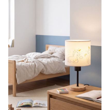 Brilagi - Lampă de masă pentru copii BOBO WOOD 1xE27/25W/230V stejar/negru/alb/cu unicorni