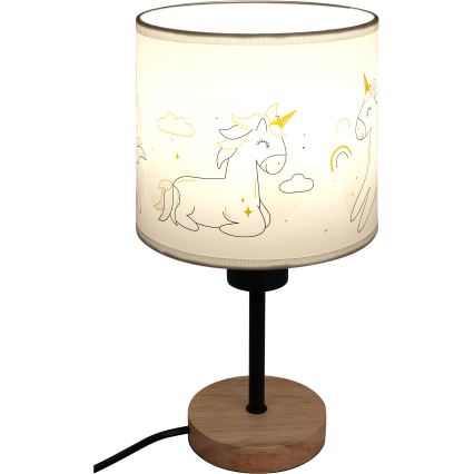 Brilagi - Lampă de masă pentru copii BOBO WOOD 1xE27/25W/230V stejar/negru/alb/cu unicorni