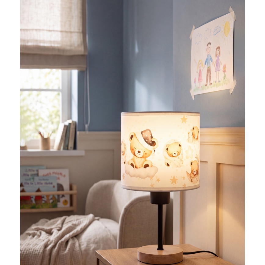 Brilagi - Lampă de masă pentru copii BOBO WOOD 1xE27/25W/230V stejar/negru/alb/ursuleți