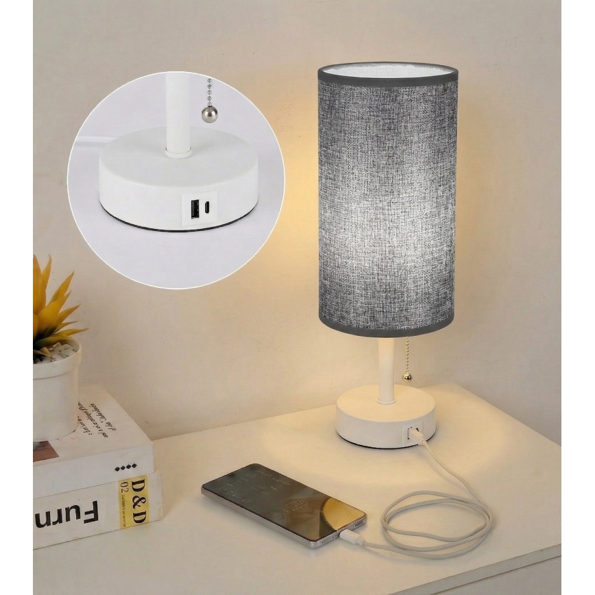 Brilagi - Lampă de masă cu port USB TABLON 1xE27/25W/230V alb/gri