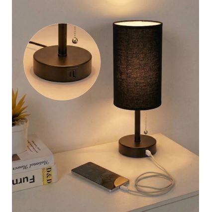 Brilagi - Lampă de masă cu port USB TABLON, 1xE27/25W/230V, neagră