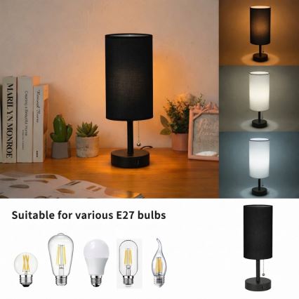 Brilagi - Lampă de masă cu port USB TABLON, 1xE27/25W/230V, neagră