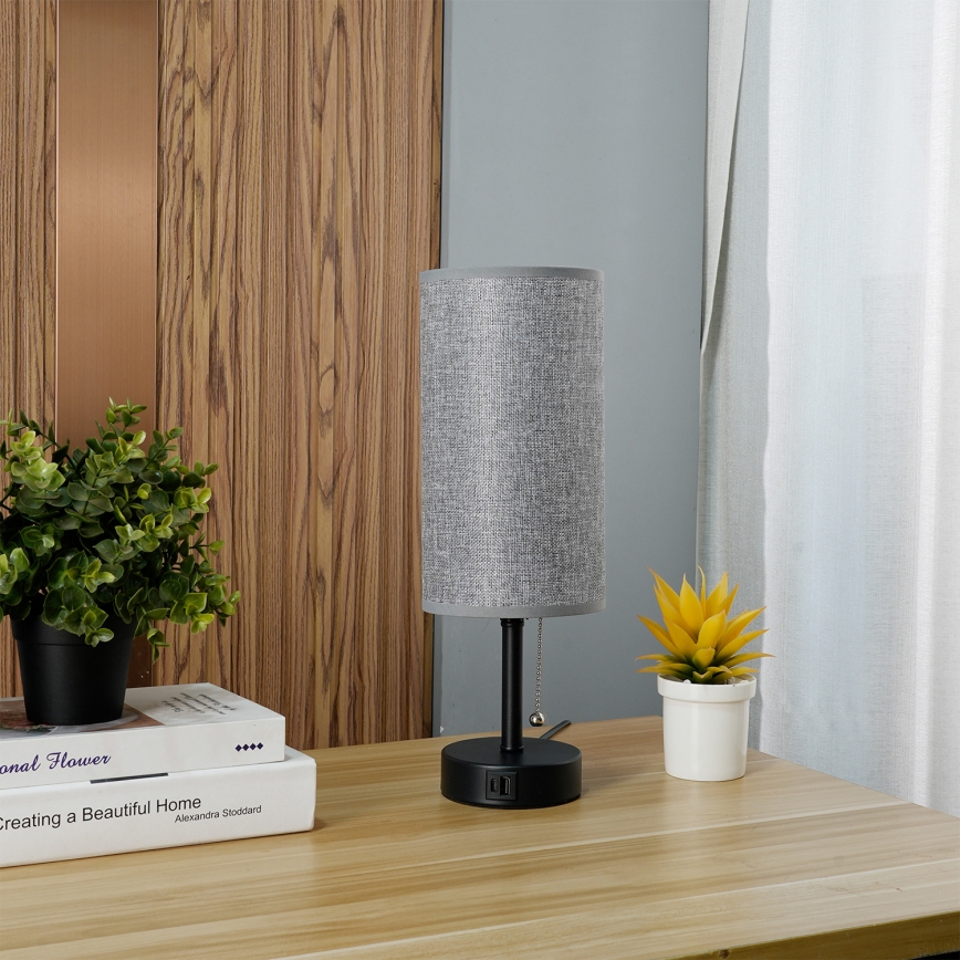 Brilagi - Lampă de masă cu port USB TABLON 1xE27/25W/230V negru/gri