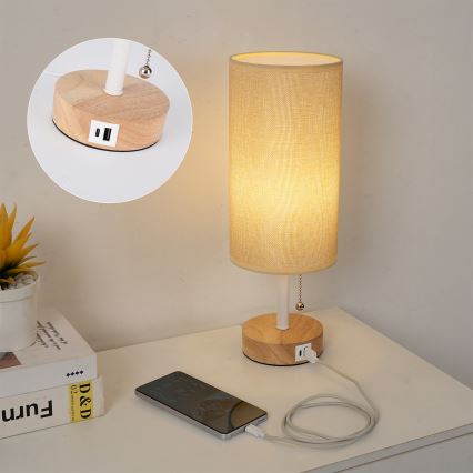 Brilagi - Lampă de masă cu port USB TABLON 1xE27/25W/230V stejar/alb/bej