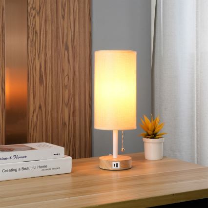 Brilagi - Lampă de masă cu port USB TABLON 1xE27/25W/230V stejar/alb/bej