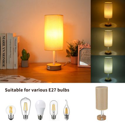 Brilagi - Lampă de masă cu port USB TABLON 1xE27/25W/230V stejar/alb/bej