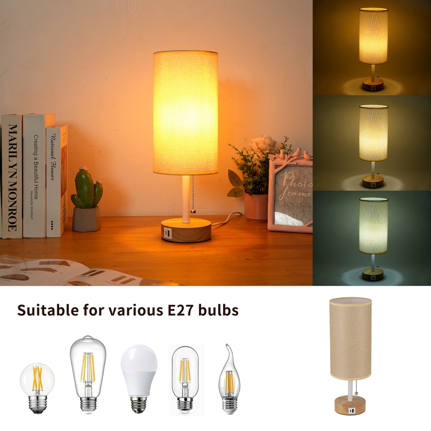 Brilagi - Lampă de masă cu port USB TABLON 1xE27/25W/230V stejar/alb/bej