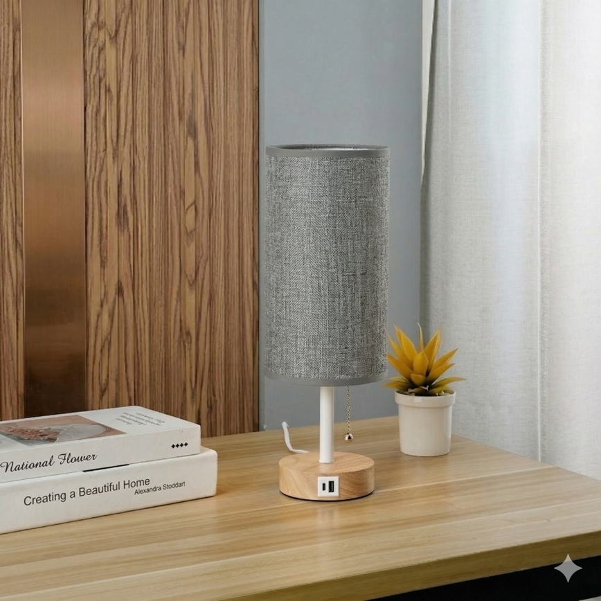 Brilagi - Lampă de masă cu port USB TABLON 1xE27/25W/230V stejar/alb/gri