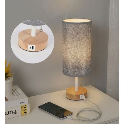 Brilagi - Lampă de masă cu port USB TABLON 1xE27/25W/230V stejar/alb/gri