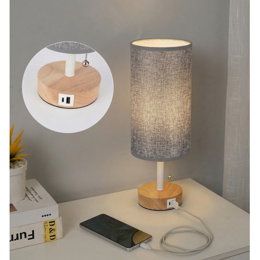 Brilagi - Lampă de masă cu port USB TABLON 1xE27/25W/230V stejar/alb/gri