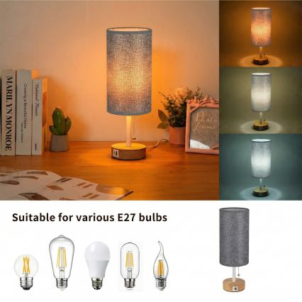 Brilagi - Lampă de masă cu port USB TABLON 1xE27/25W/230V stejar/alb/gri