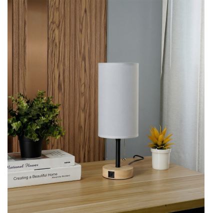 Brilagi - Lampă de masă cu port USB TABLON 1xE27/25W/230V stejar/negru/alb