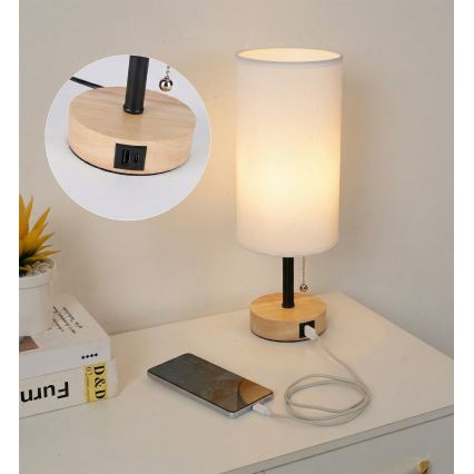 Brilagi - Lampă de masă cu port USB TABLON 1xE27/25W/230V stejar/negru/alb