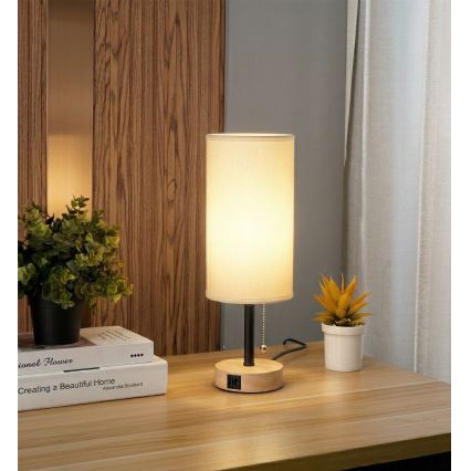 Brilagi - Lampă de masă cu port USB TABLON 1xE27/25W/230V stejar/negru/alb