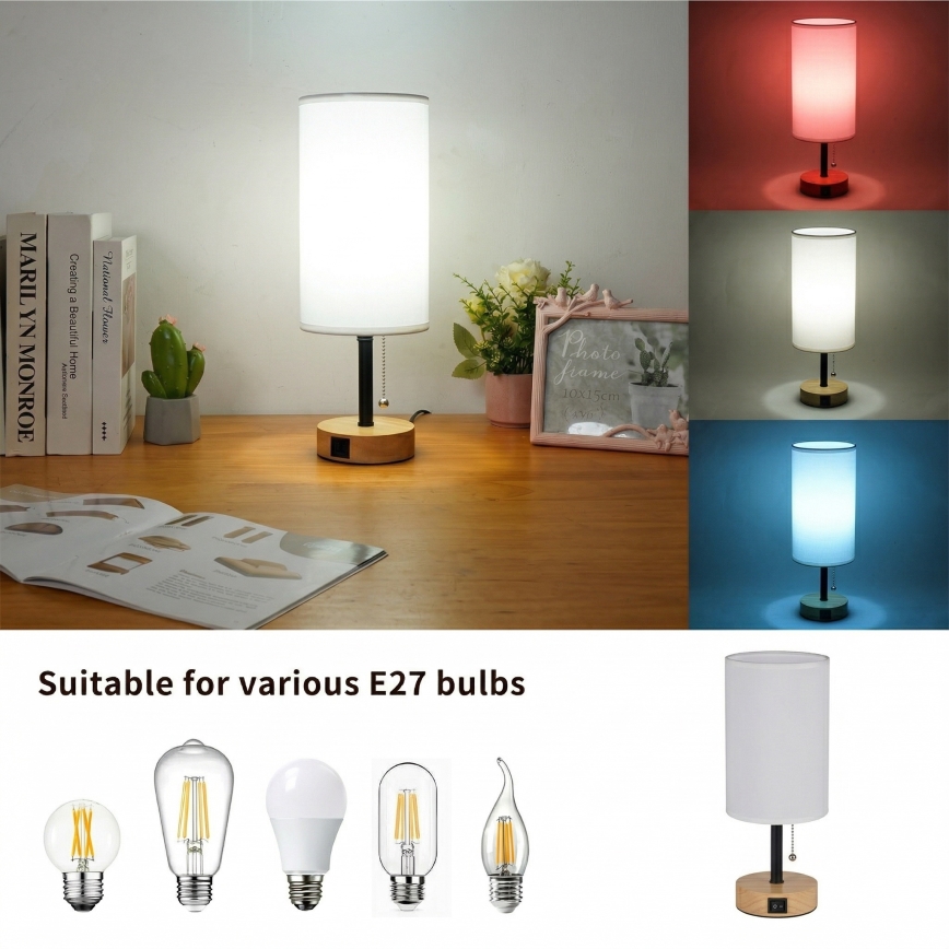 Brilagi - Lampă de masă cu port USB TABLON 1xE27/25W/230V stejar/negru/alb