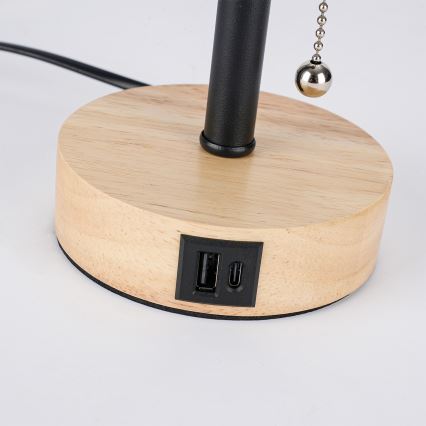 Brilagi - Lampă de masă cu port USB TABLON 1xE27/25W/230V stejar/negru/alb