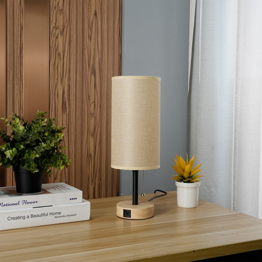 Brilagi - Lampă de masă cu port USB TABLON 1xE27/25W/230V stejar/negru/bej