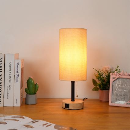 Brilagi - Lampă de masă cu port USB TABLON 1xE27/25W/230V stejar/negru/bej