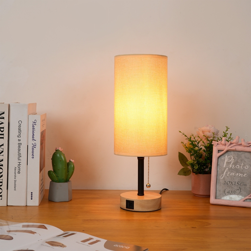 Brilagi - Lampă de masă cu port USB TABLON 1xE27/25W/230V stejar/negru/bej