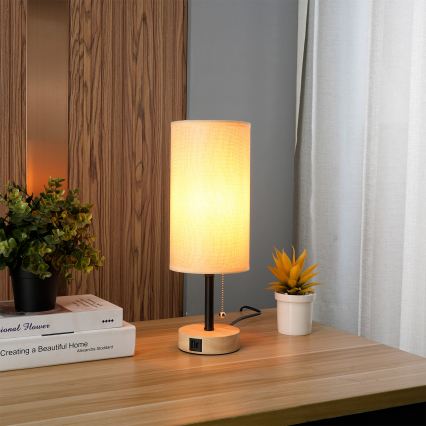 Brilagi - Lampă de masă cu port USB TABLON 1xE27/25W/230V stejar/negru/bej
