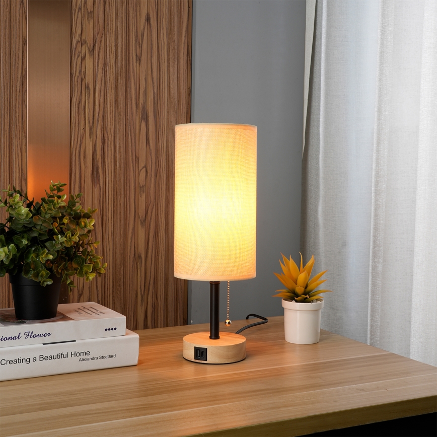 Brilagi - Lampă de masă cu port USB TABLON 1xE27/25W/230V stejar/negru/bej