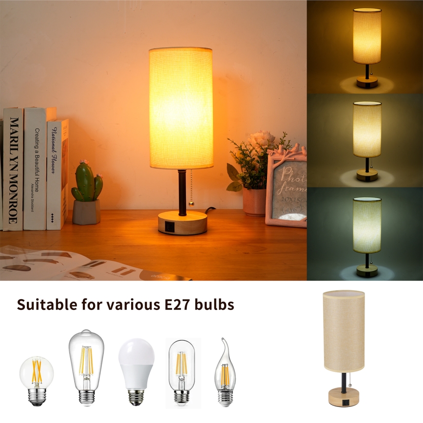 Brilagi - Lampă de masă cu port USB TABLON 1xE27/25W/230V stejar/negru/bej