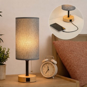 Brilagi - Lampă de masă cu port USB TABLON 1xE27/25W/230V stejar/negru/gri