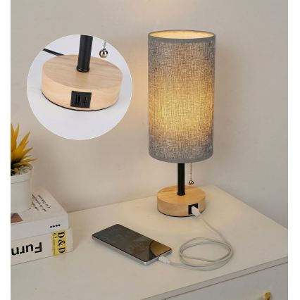 Brilagi - Lampă de masă cu port USB TABLON 1xE27/25W/230V stejar/negru/gri