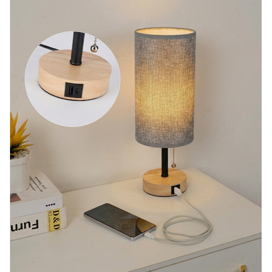 Brilagi - Lampă de masă cu port USB TABLON 1xE27/25W/230V stejar/negru/gri