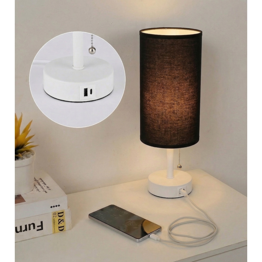 Brilagi - Lampă de masă TABLON cu port USB, 1xE27/25W/230V, alb/negru