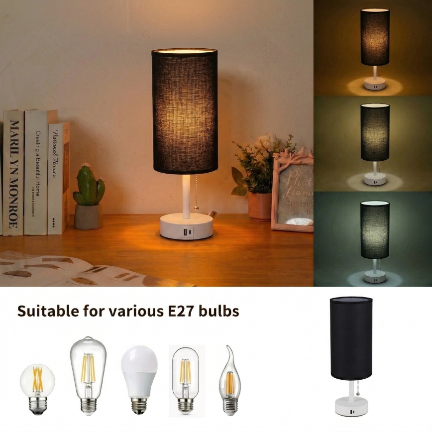 Brilagi - Lampă de masă TABLON cu port USB, 1xE27/25W/230V, alb/negru