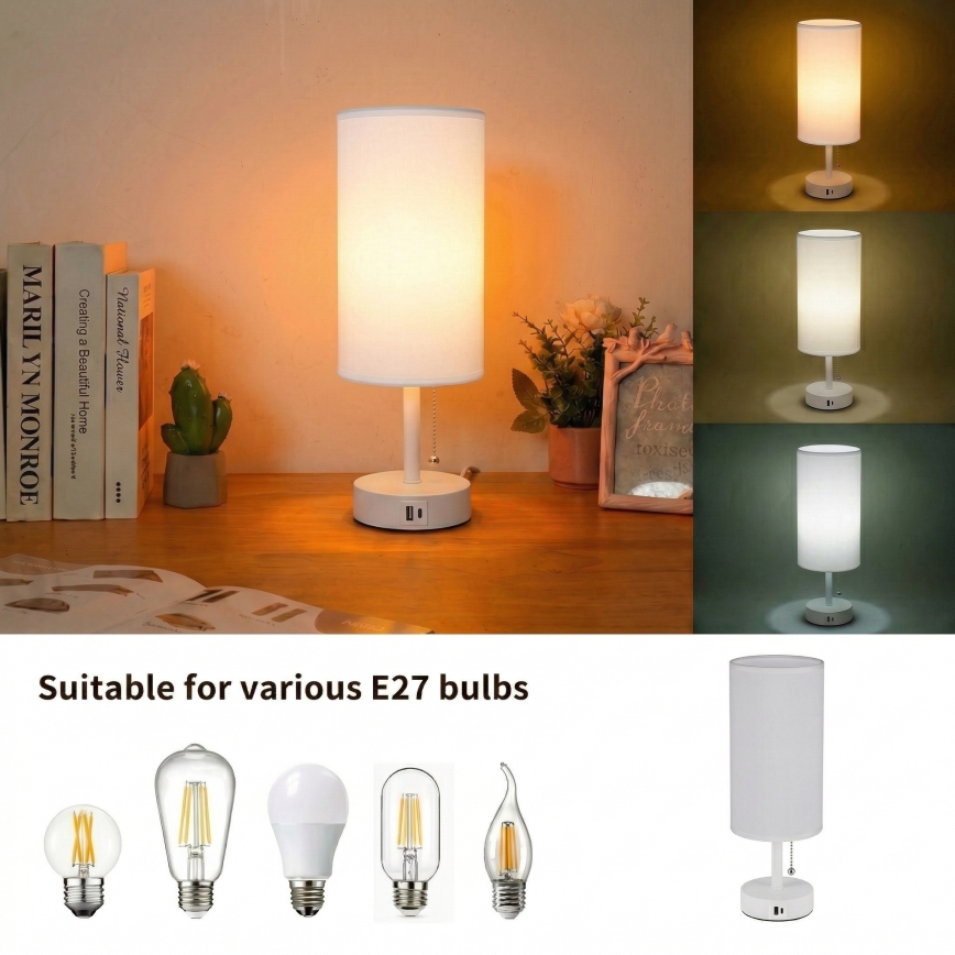 Brilagi - Lampă de masă TABLON cu port USB, 1xE27/25W/230V, albă