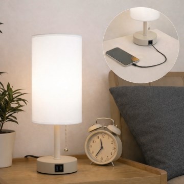 Brilagi - Lampă de masă TABLON cu port USB, 1xE27/25W/230V, bej/alb
