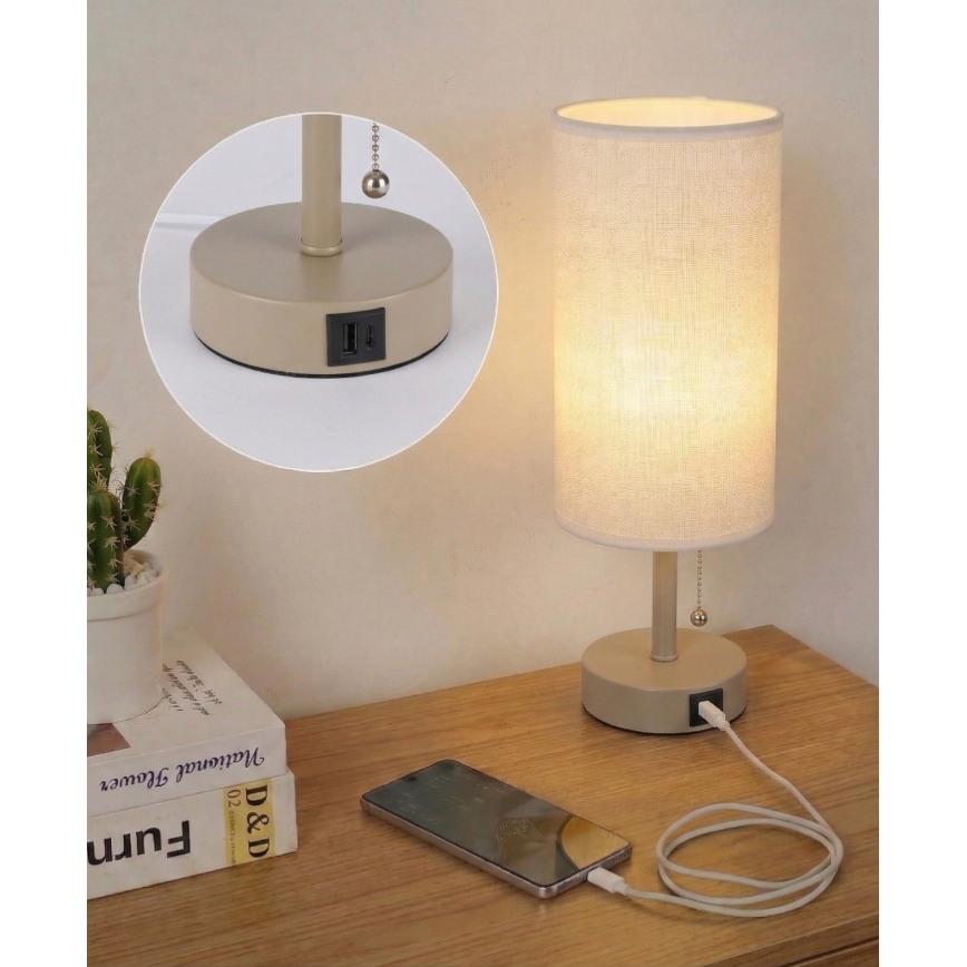 Brilagi - Lampă de masă TABLON cu port USB, 1xE27/25W/230V, bej/alb