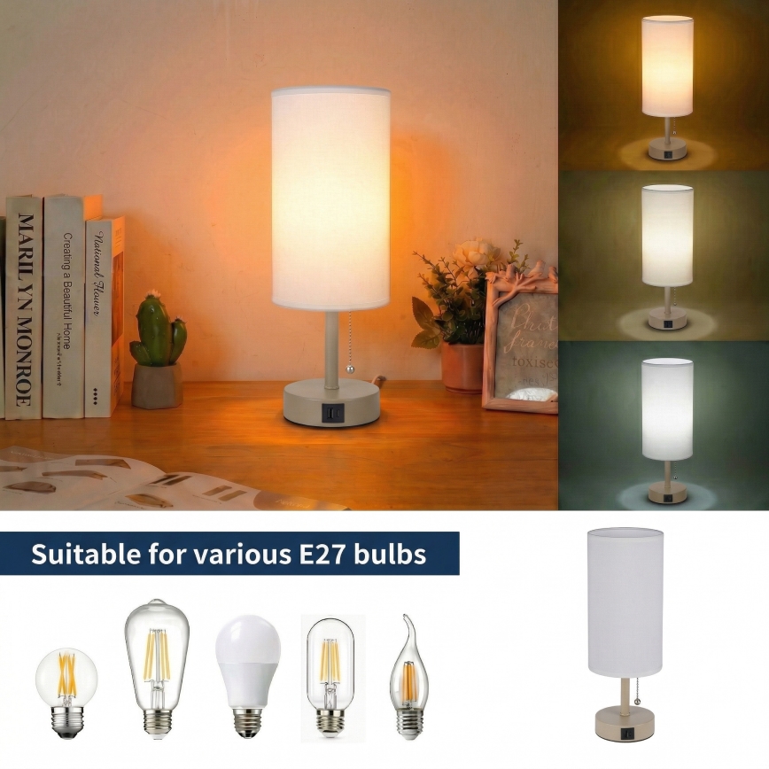Brilagi - Lampă de masă TABLON cu port USB, 1xE27/25W/230V, bej/alb