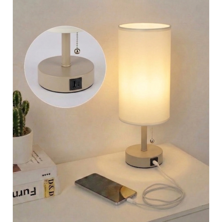 Brilagi - Lampă de masă TABLON cu port USB, 1xE27/25W/230V, bej/crem