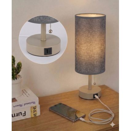Brilagi - Lampă de masă TABLON cu port USB 1xE27/25W/230V bej/gri
