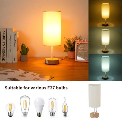 Brilagi - Lampă de masă TABLON cu port USB, 1xE27/25W/230V, stejar/alb/crem