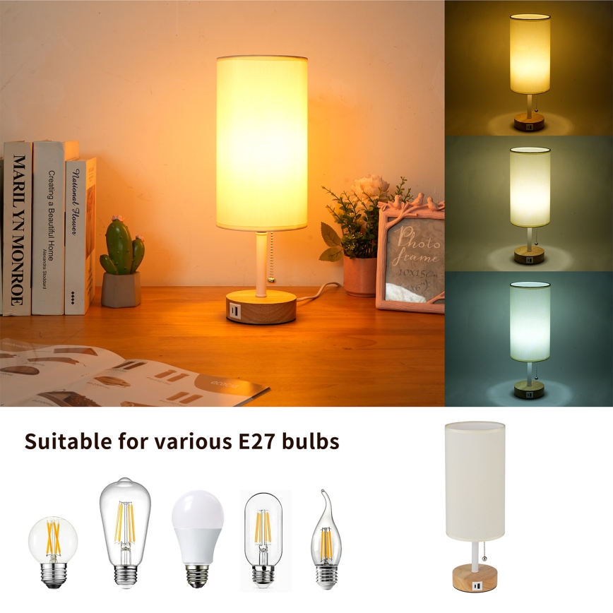 Brilagi - Lampă de masă TABLON cu port USB, 1xE27/25W/230V, stejar/alb/crem