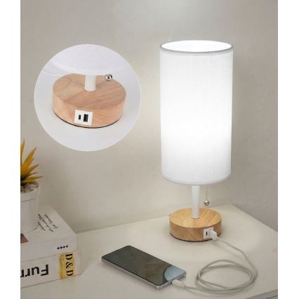 Brilagi - Lampă de masă TABLON cu port USB 1xE27/25W/230V stejar/alb